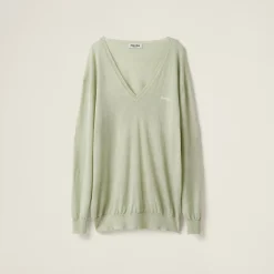 Agave Green V-neck Cashmere Sweater | Miu Miu