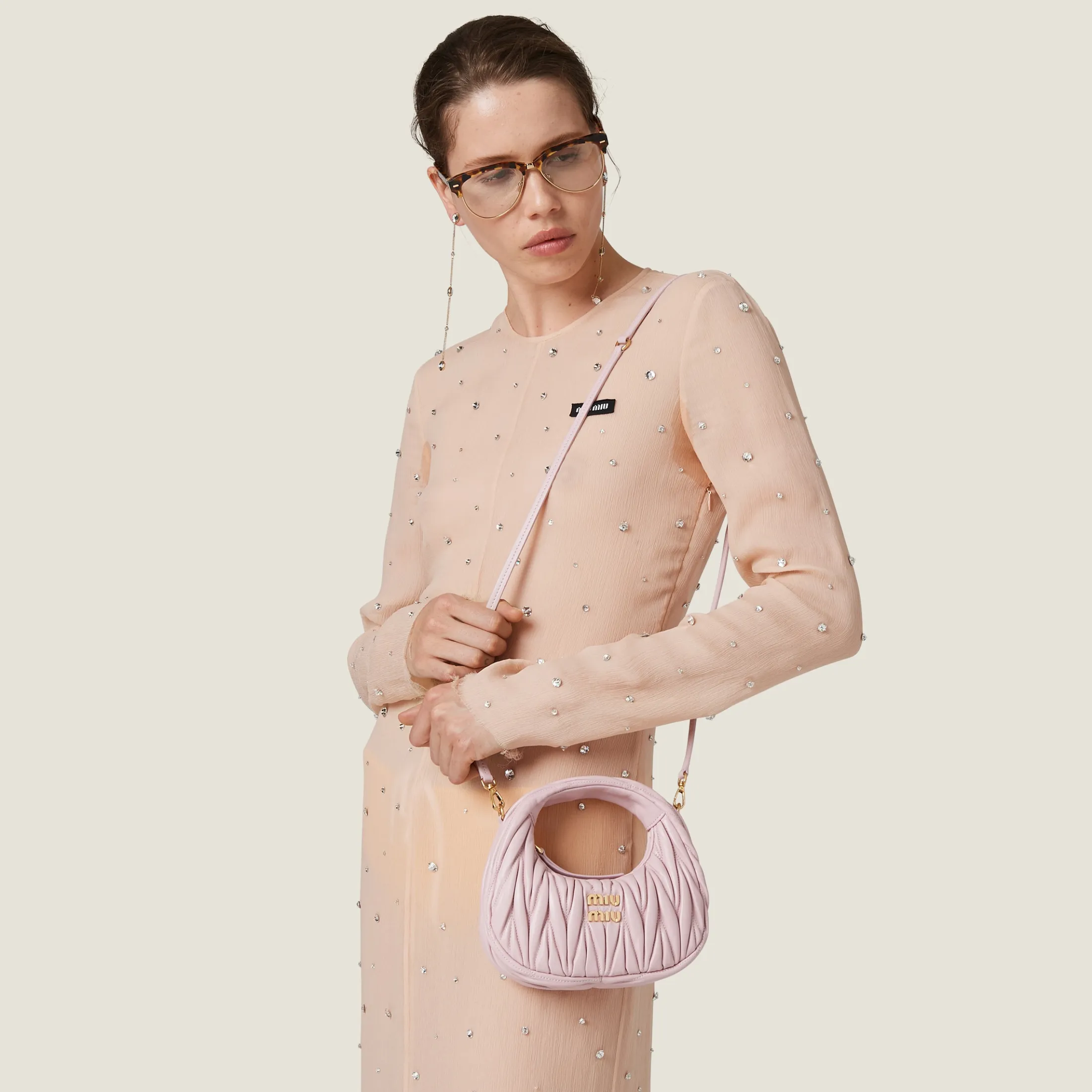 Alabaster Pink Wander Matelassé Nappa Leather Hobo Mini-bag | Miu Miu