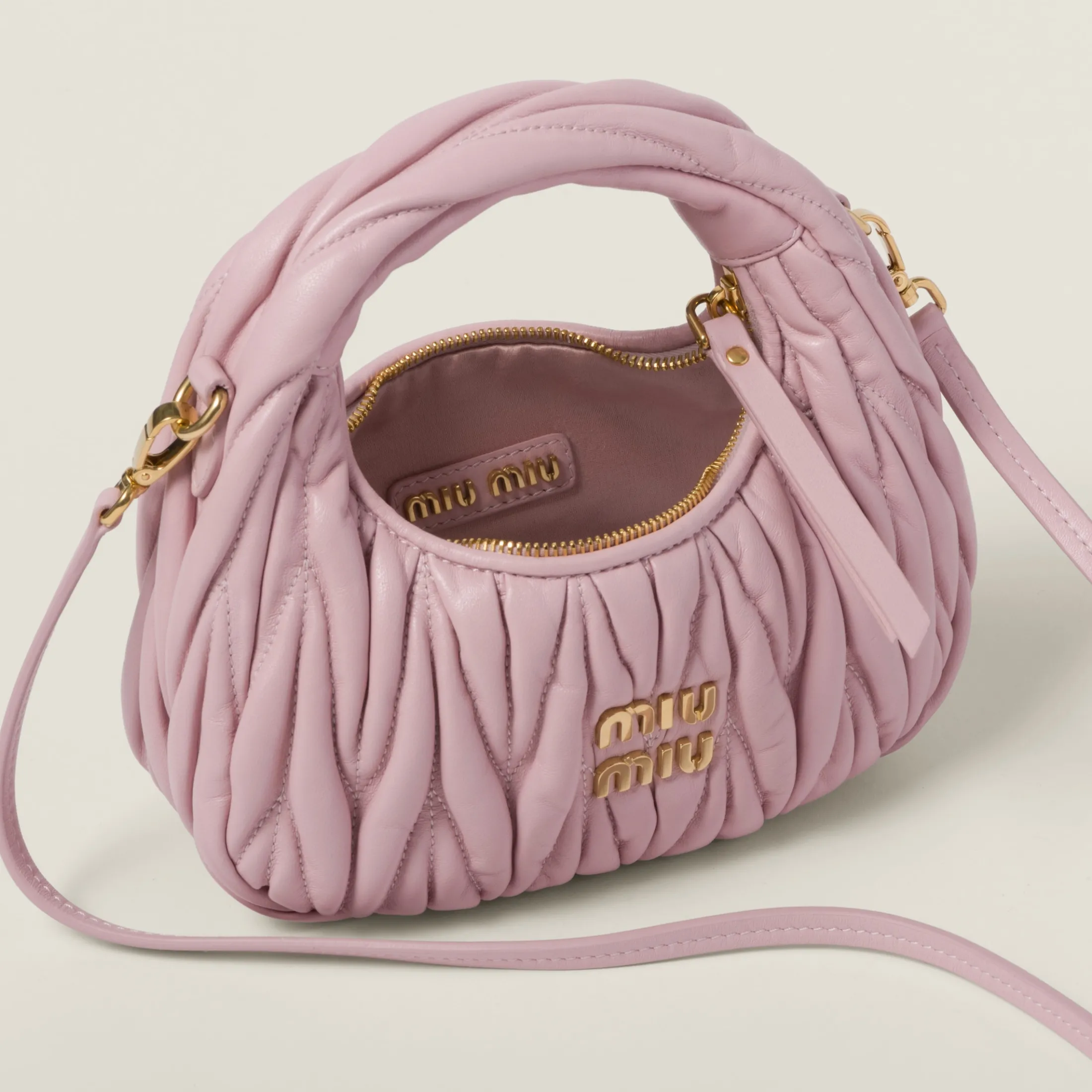 Alabaster Pink Wander Matelassé Nappa Leather Hobo Mini-bag | Miu Miu