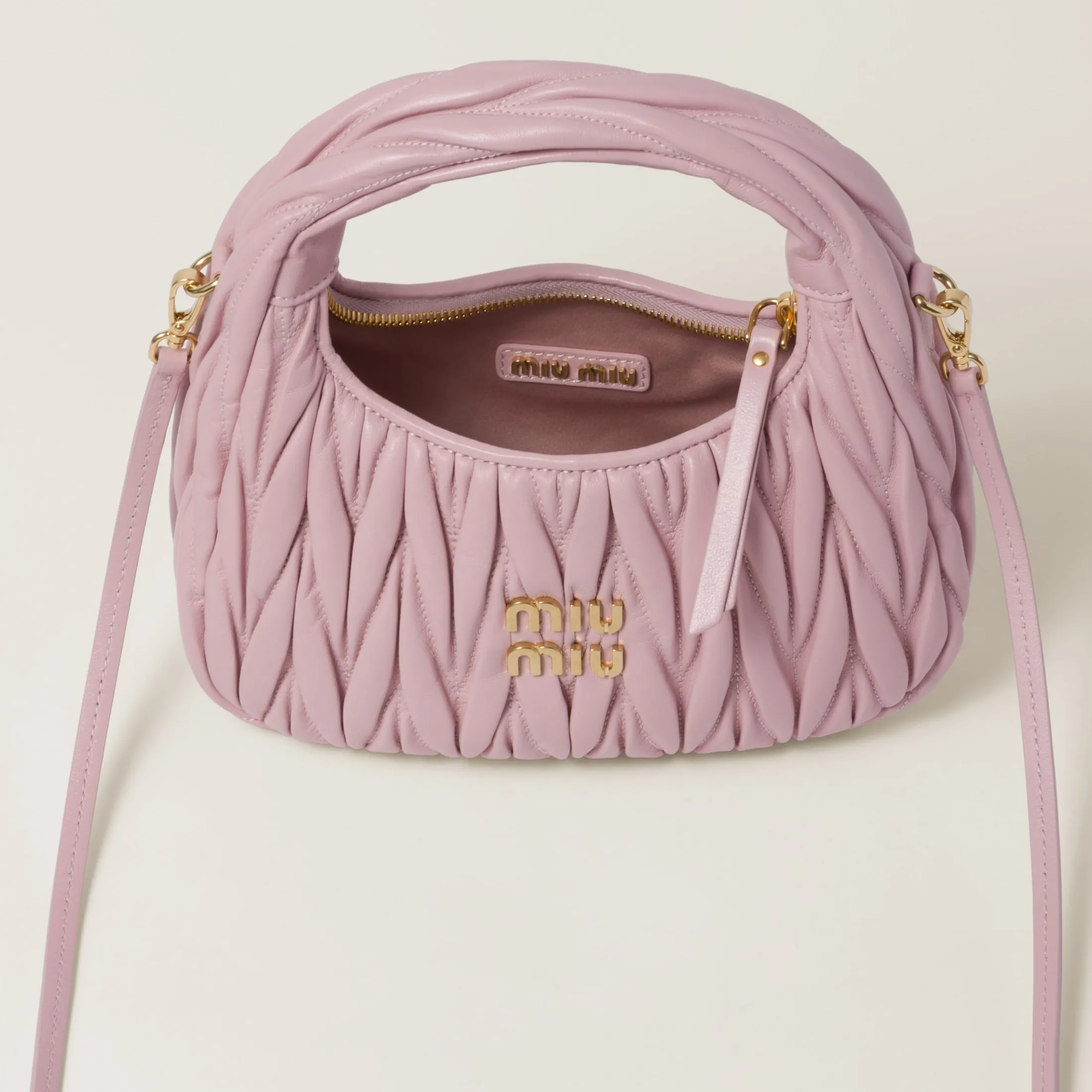 Alabaster Pink Wander Matelassé Nappa Leather Hobo Bag | Miu Miu