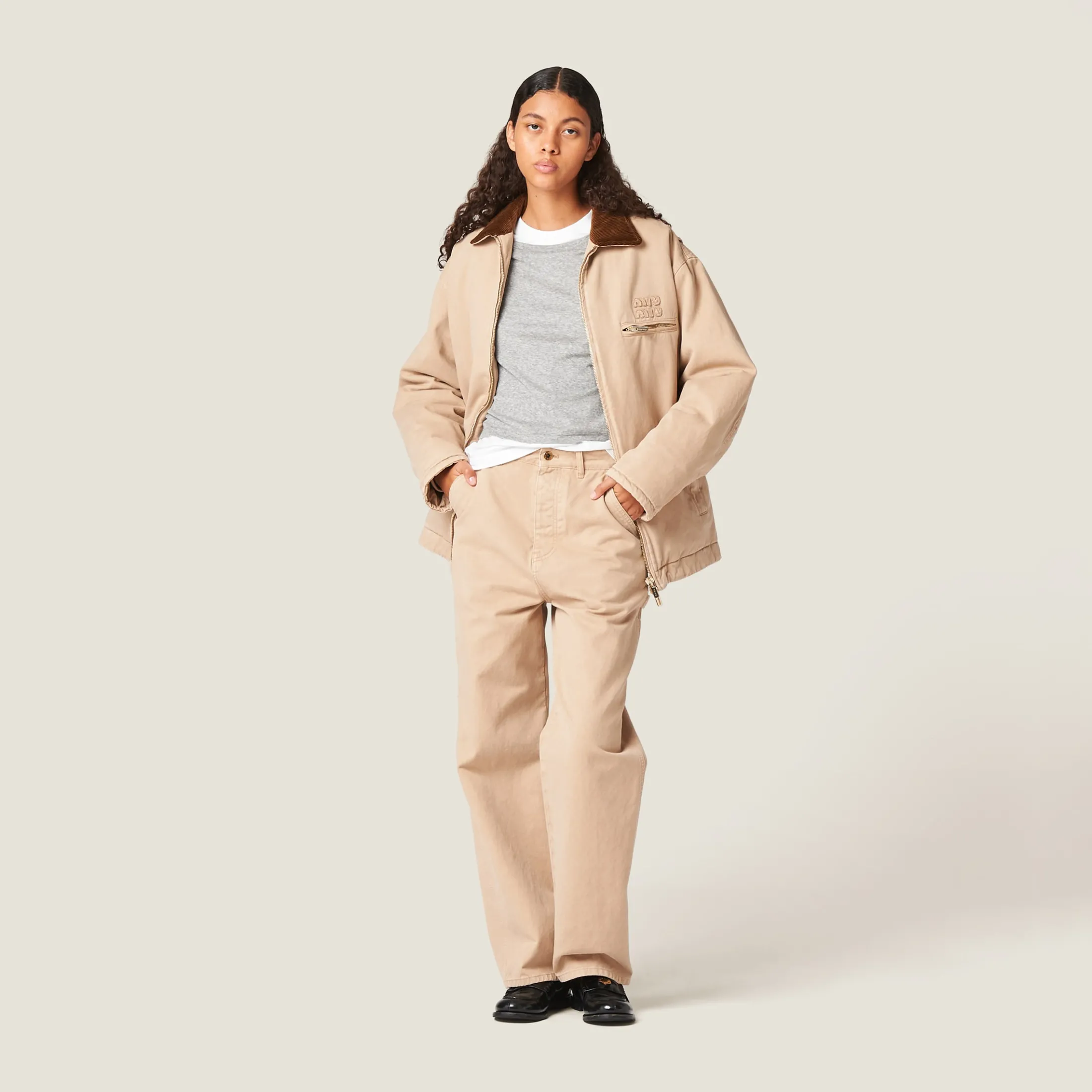 Albino White Embroidered Garment-dyed Gabardine Blouson Jacket | Miu Miu