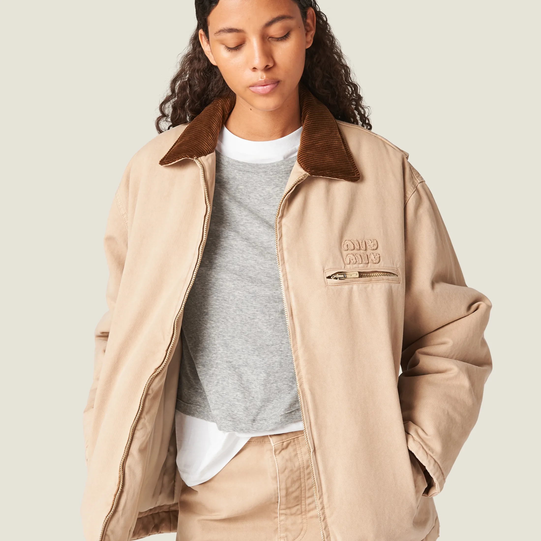 Albino White Embroidered Garment-dyed Gabardine Blouson Jacket | Miu Miu