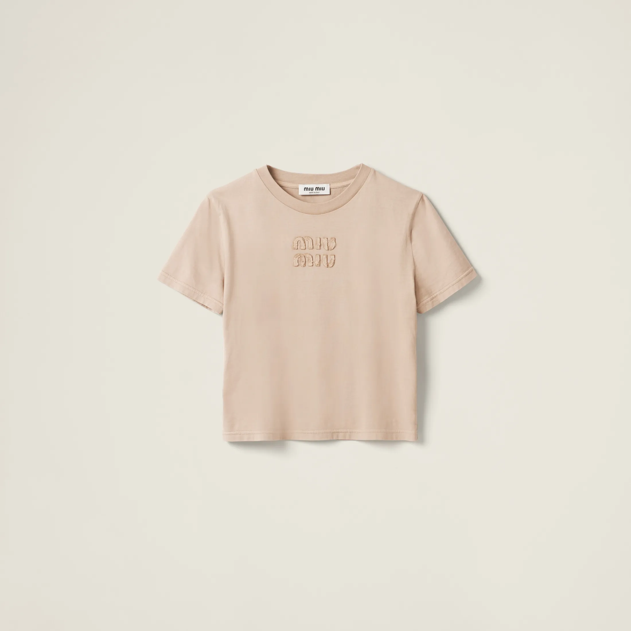 Albino White Garment-dyed Jersey T-shirt With Embroidered Logo | Miu Miu