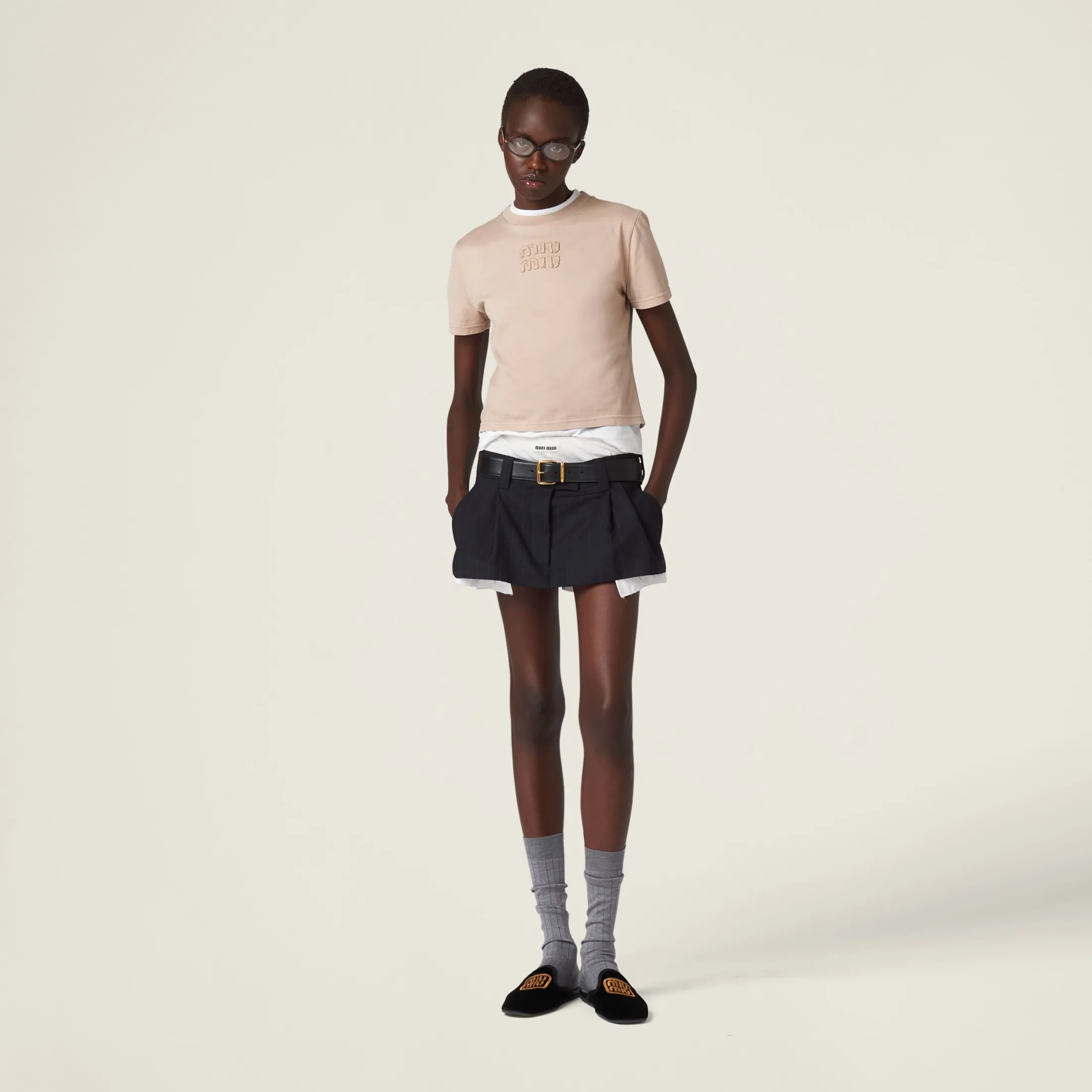 Albino White Garment-dyed Jersey T-shirt With Embroidered Logo | Miu Miu
