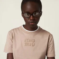 Albino White Garment-dyed Jersey T-shirt With Embroidered Logo | Miu Miu