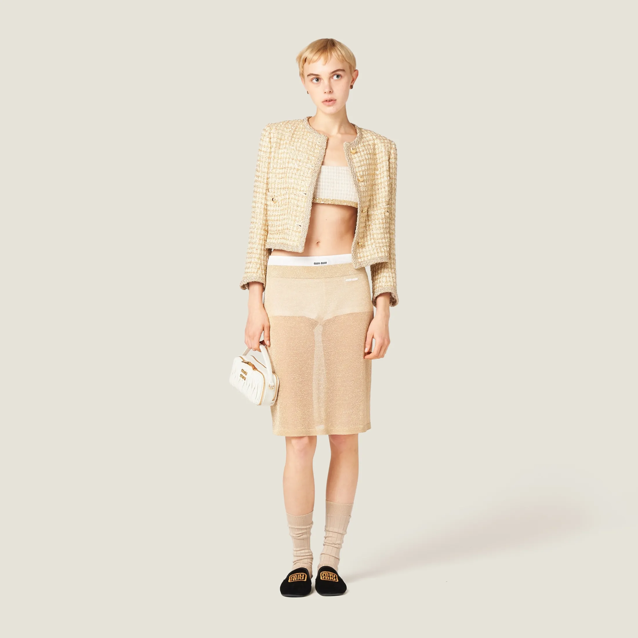 Avory/albino White Check Lamé Top | Miu Miu
