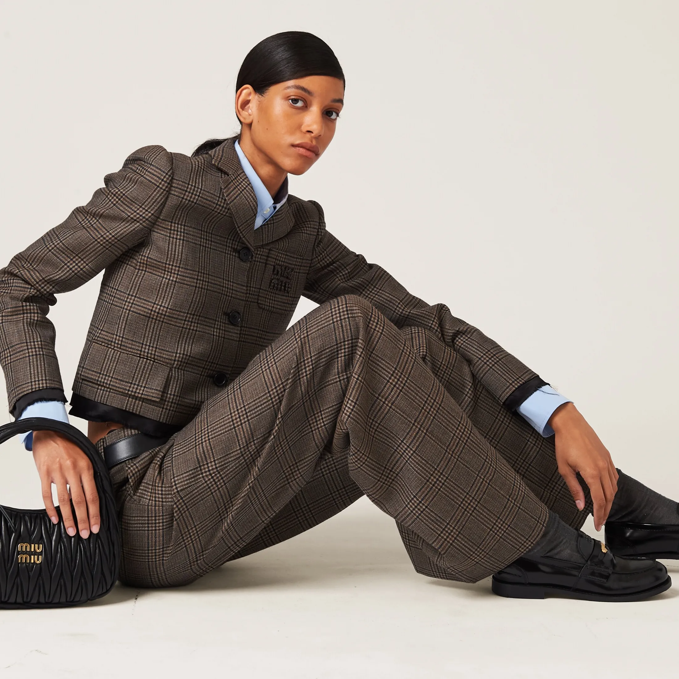 Bark Brown Prince Of Wales Check Pants | Miu Miu
