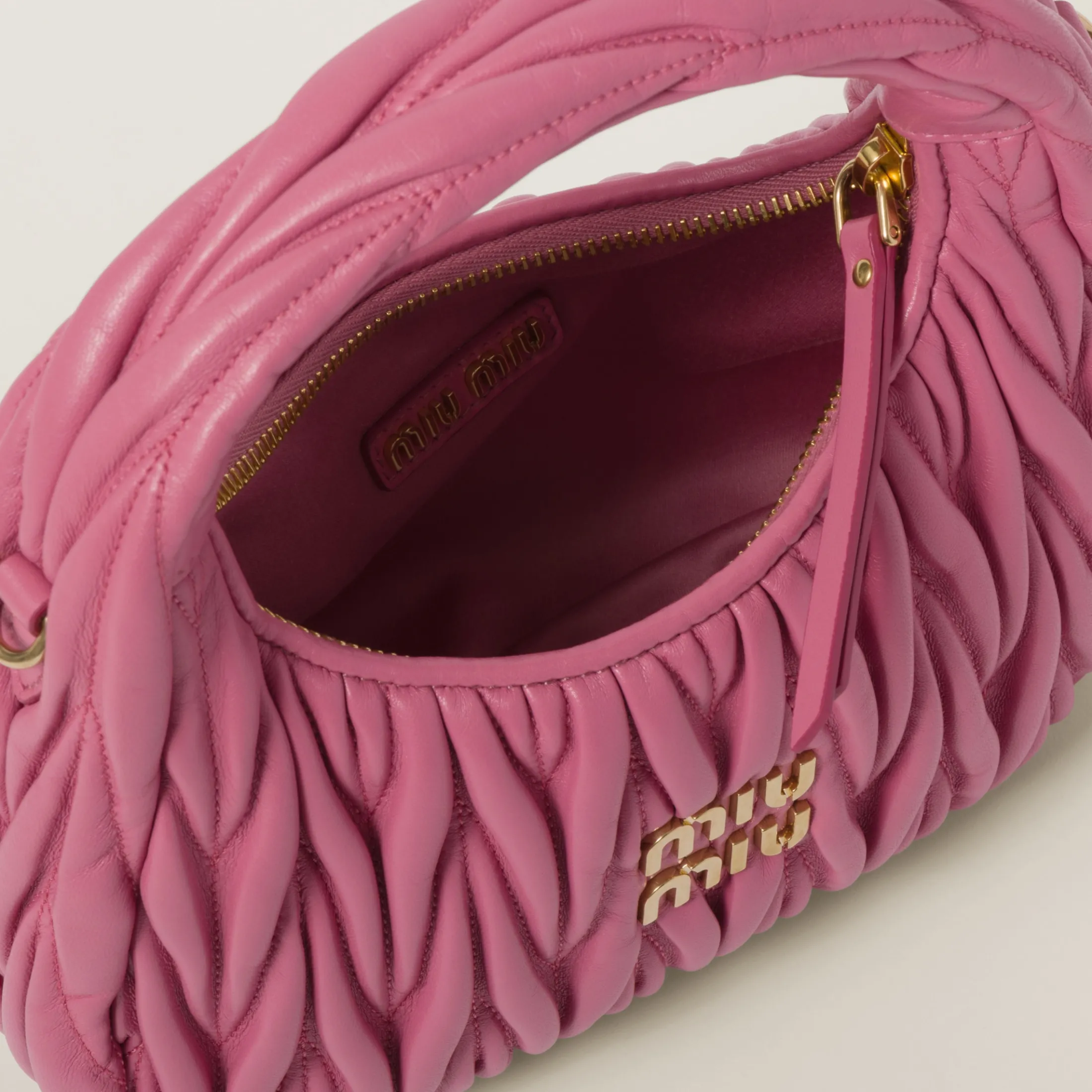 Begonia Pink Wander Matelassé Nappa Leather Hobo Bag | Miu Miu
