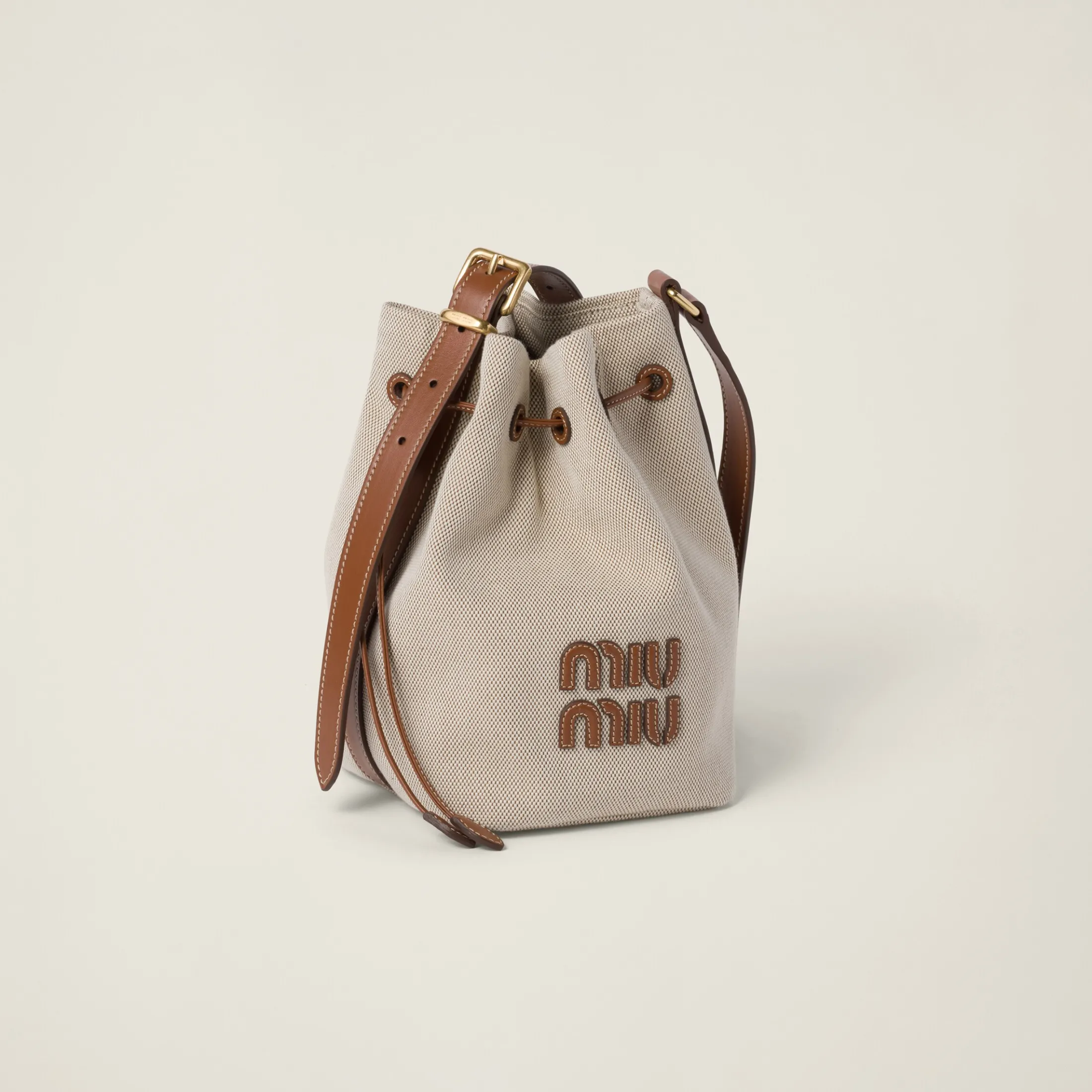 Beige/brandy Canvas And Leather Bucket Bag | Miu Miu