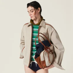Beige/cognac Jacquard Canvas Blouson Jacket | Miu Miu