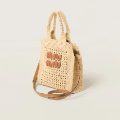 Beige/cognac Raffia-effect Crochet Fabric Tote Bag | Miu Miu