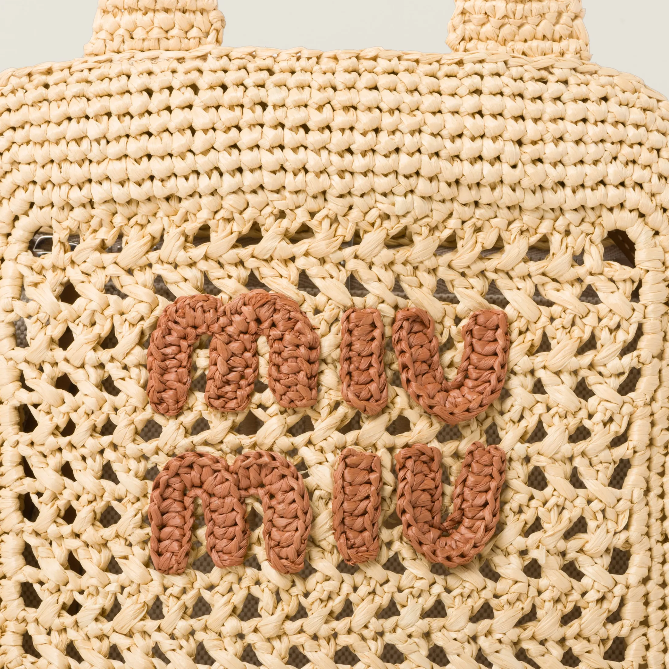 Beige/cognac Raffia-effect Crochet Fabric Tote Bag | Miu Miu