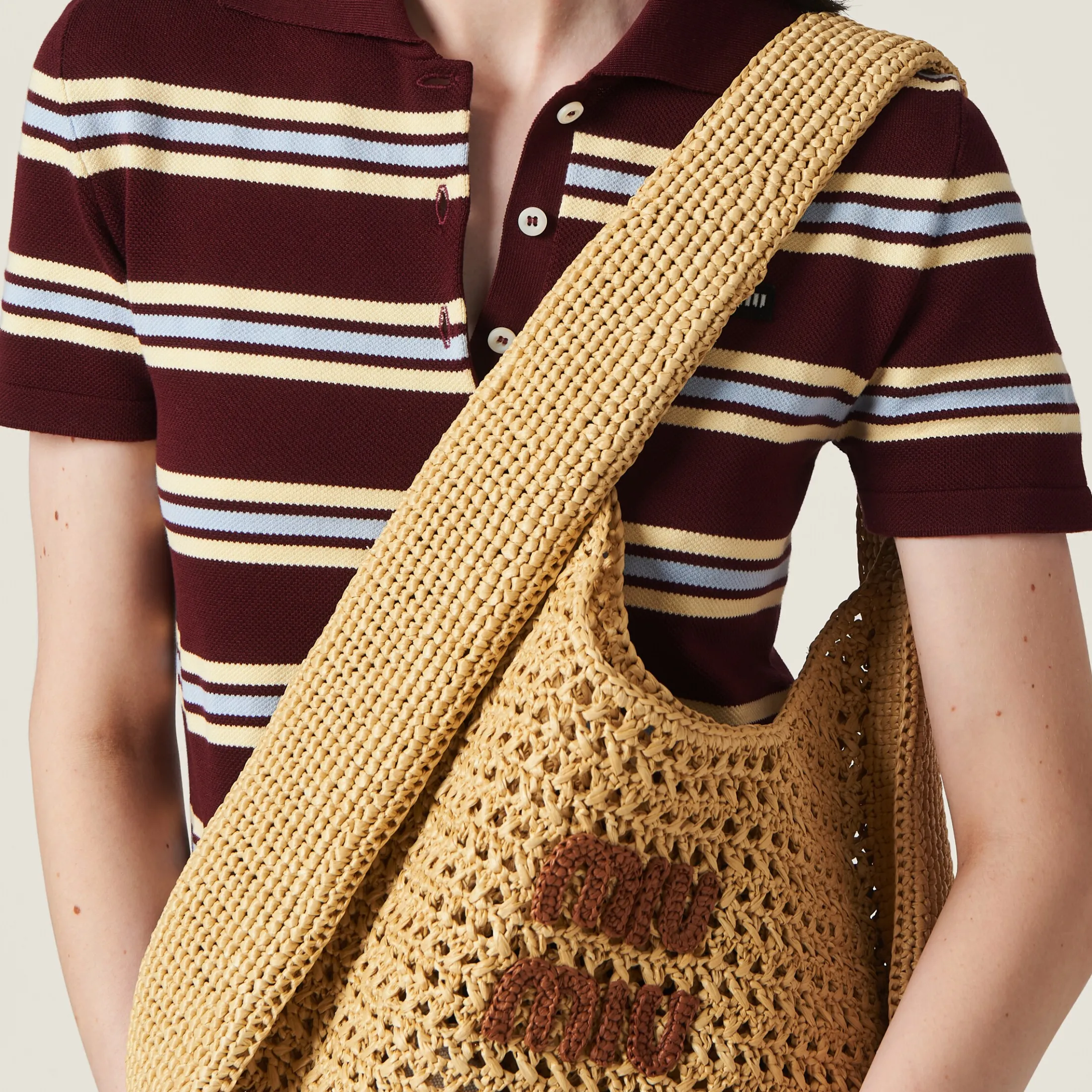 Beige/cognac Woven Fabric Hobo Bag | Miu Miu