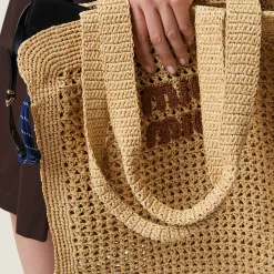Beige/cognac Woven Fabric Tote Bag | Miu Miu