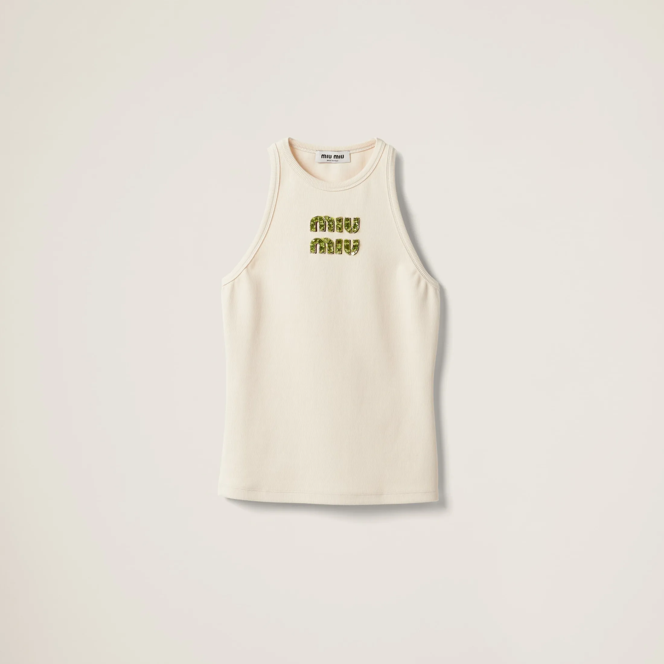 Beige+fern Green Ribbed Jersey Top With Embroidered Logo | Miu Miu