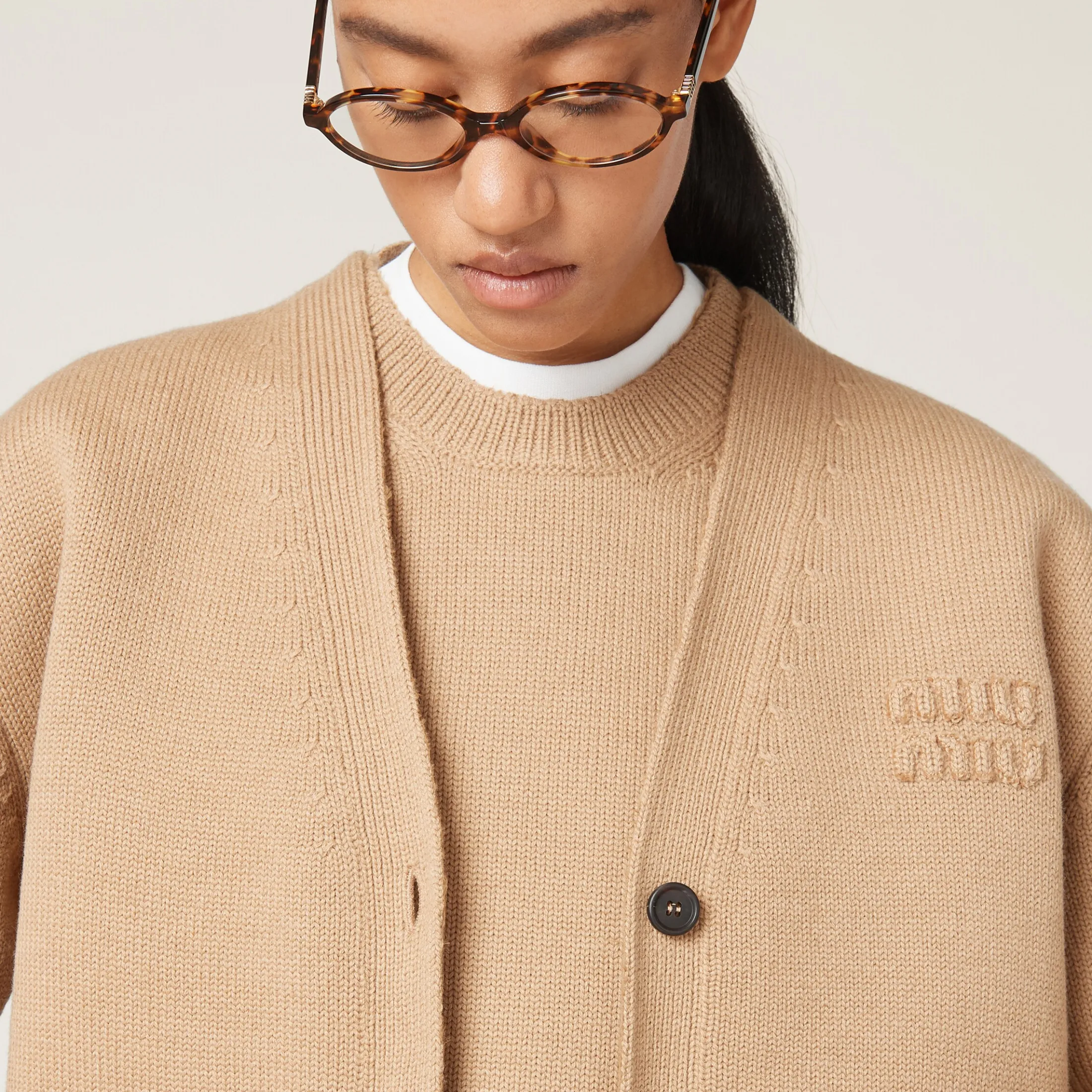 Biscuit Wool And Nylon Knit Cardigan | Miu Miu