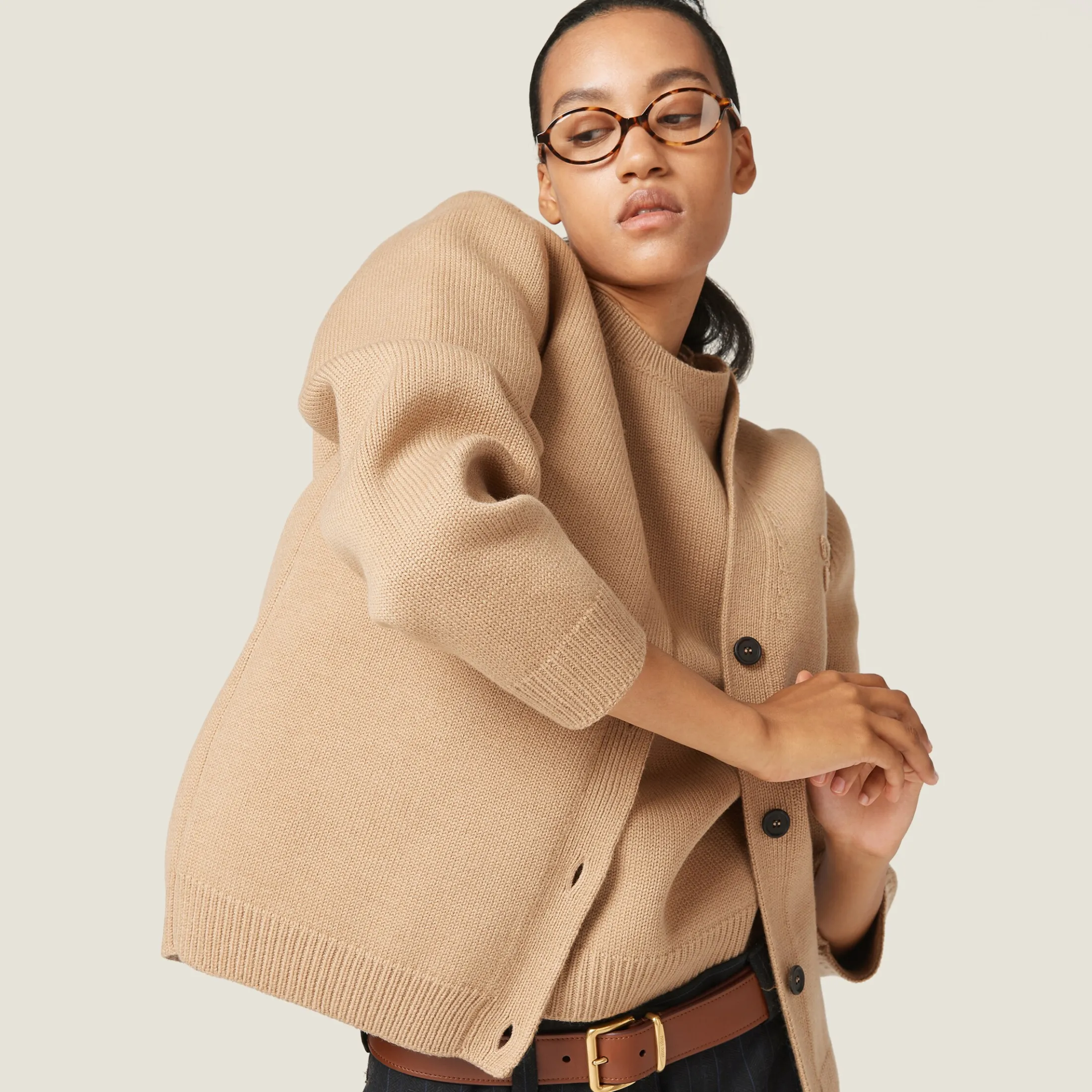Biscuit Wool And Nylon Knit Cardigan | Miu Miu