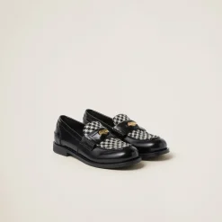 Black Brushed Leather And Gingham Check Fabric Loafers | Miu Miu