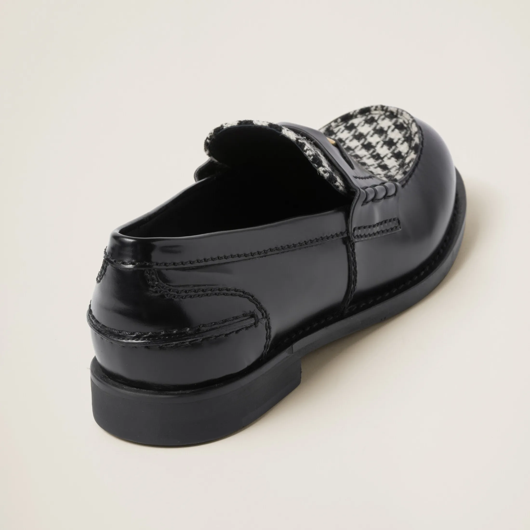 Black Brushed Leather And Gingham Check Fabric Loafers | Miu Miu