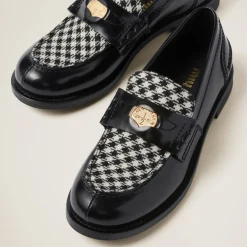 Black Brushed Leather And Gingham Check Fabric Loafers | Miu Miu