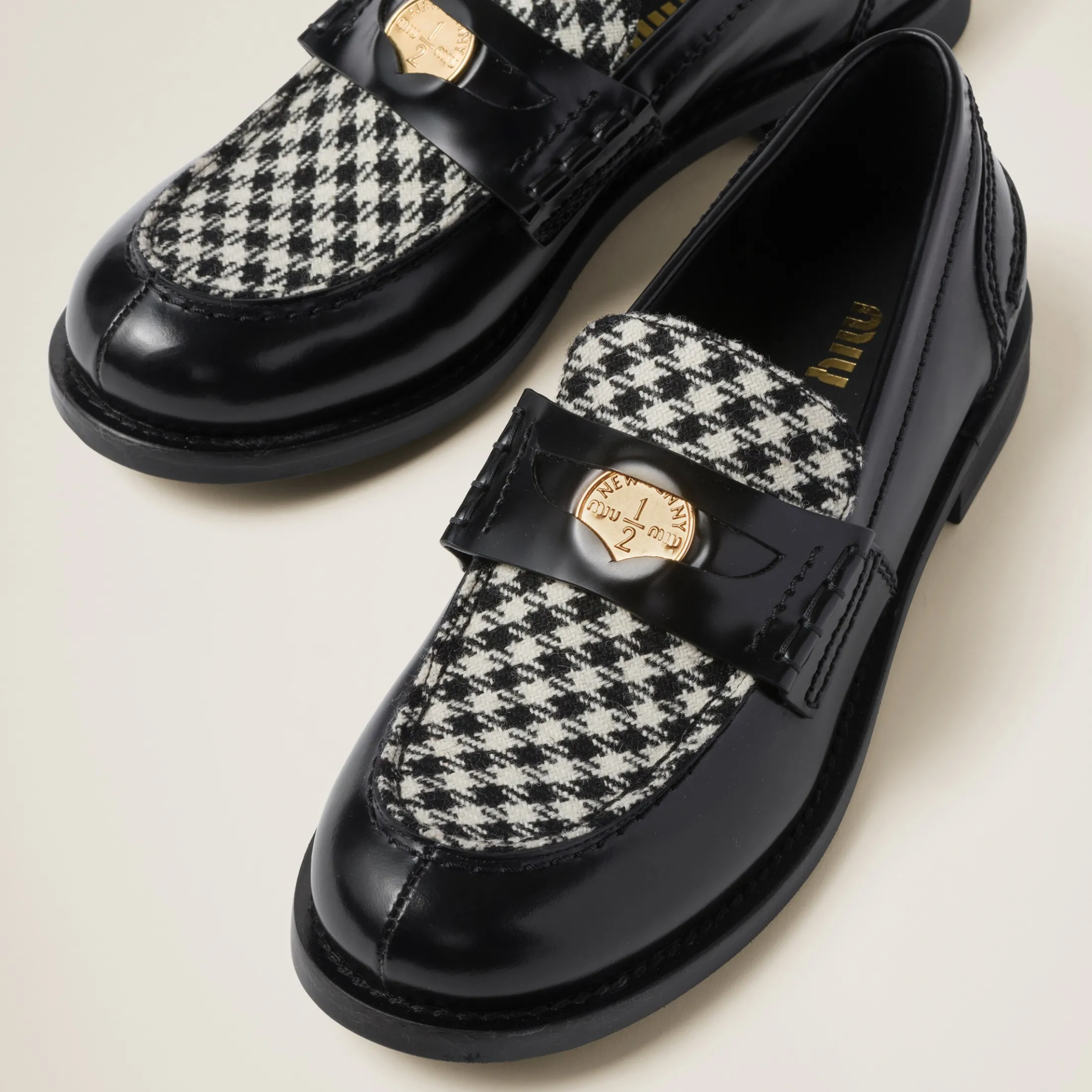 Black Brushed Leather And Gingham Check Fabric Loafers | Miu Miu