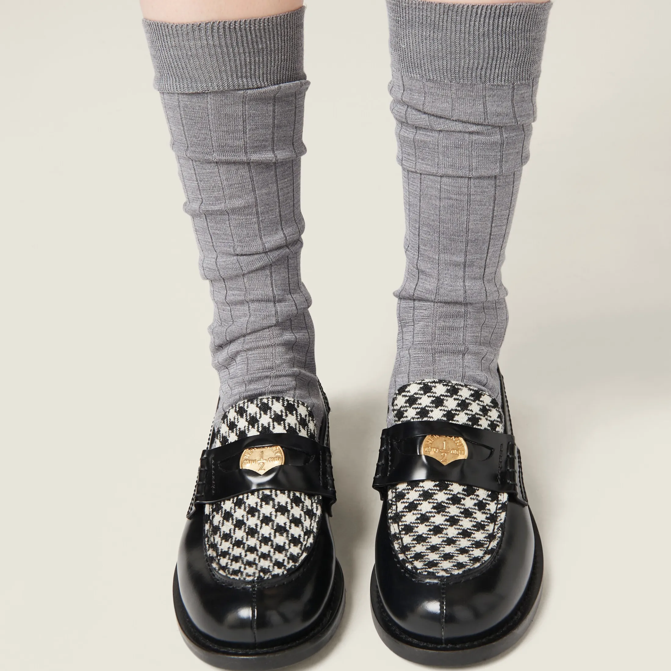 Black Brushed Leather And Gingham Check Fabric Loafers | Miu Miu
