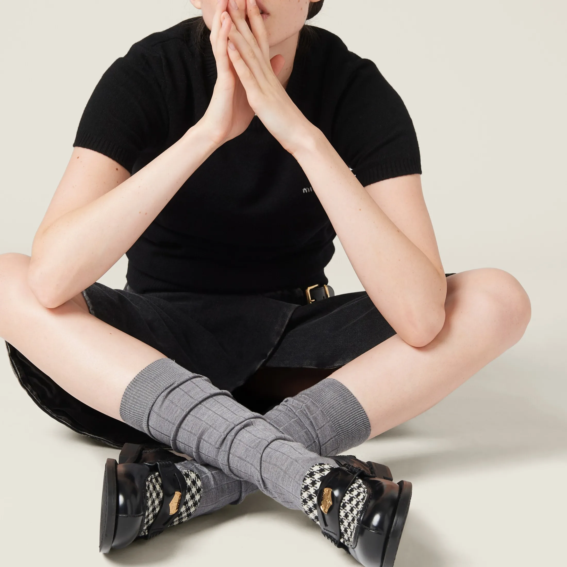 Black Brushed Leather And Gingham Check Fabric Loafers | Miu Miu