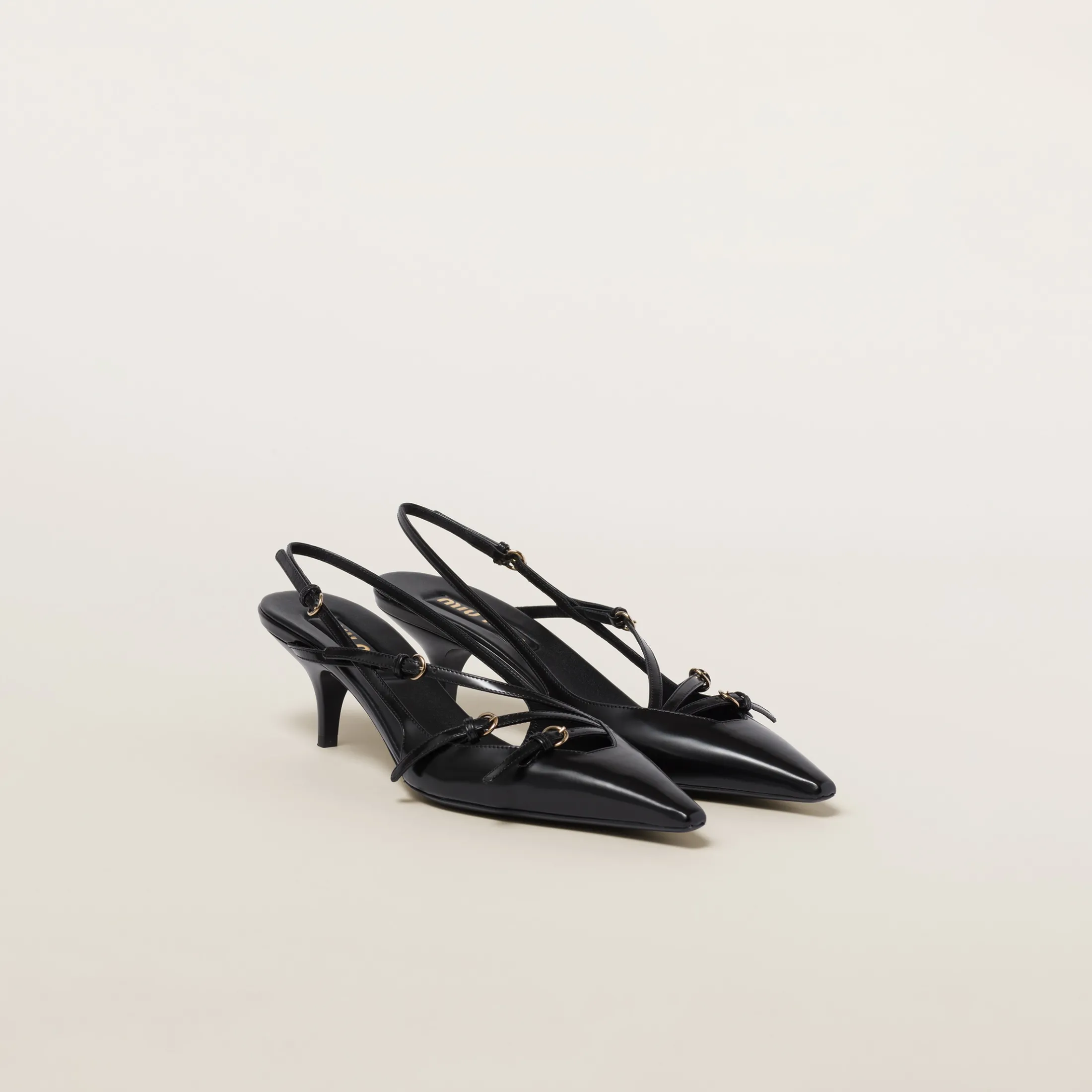 Black Brushed Leather Slingbacks With Buckles | Miu Miu