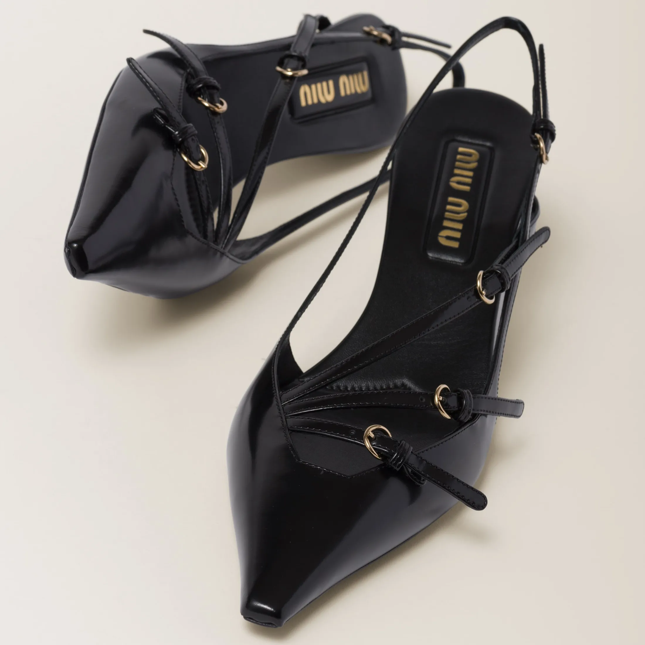 Black Brushed Leather Slingbacks With Buckles | Miu Miu