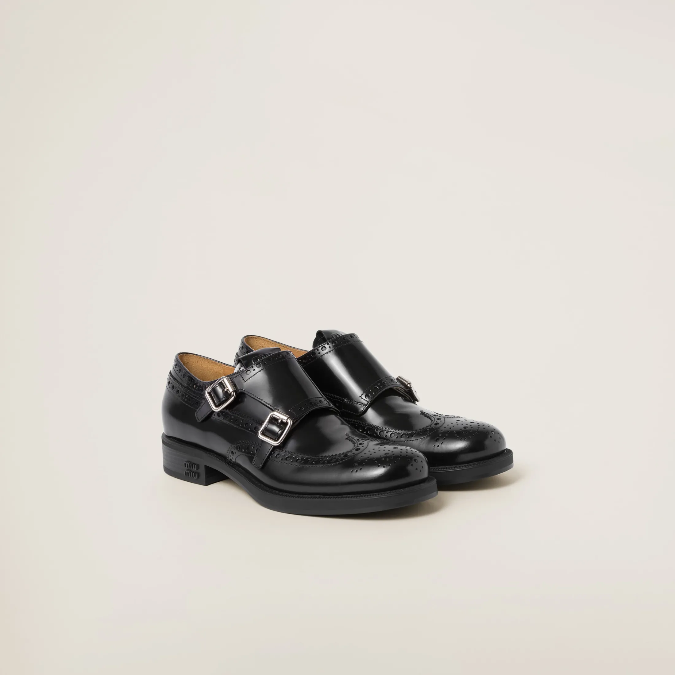 Black Church's X Miu Miu Brushed Leather Double Monk Brogue Shoes | Miu Miu
