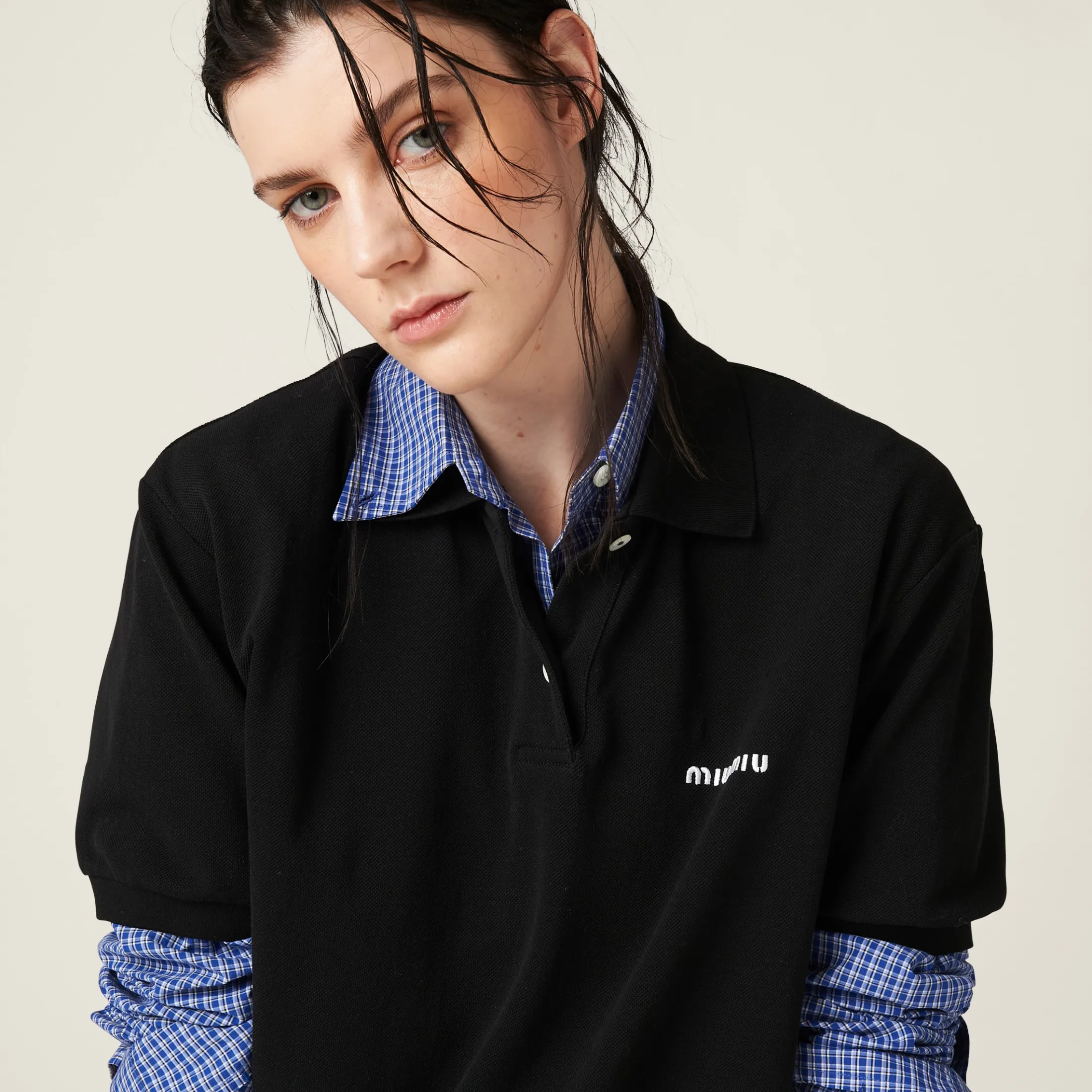 Black Cotton Piqué Polo Shirt | Miu Miu