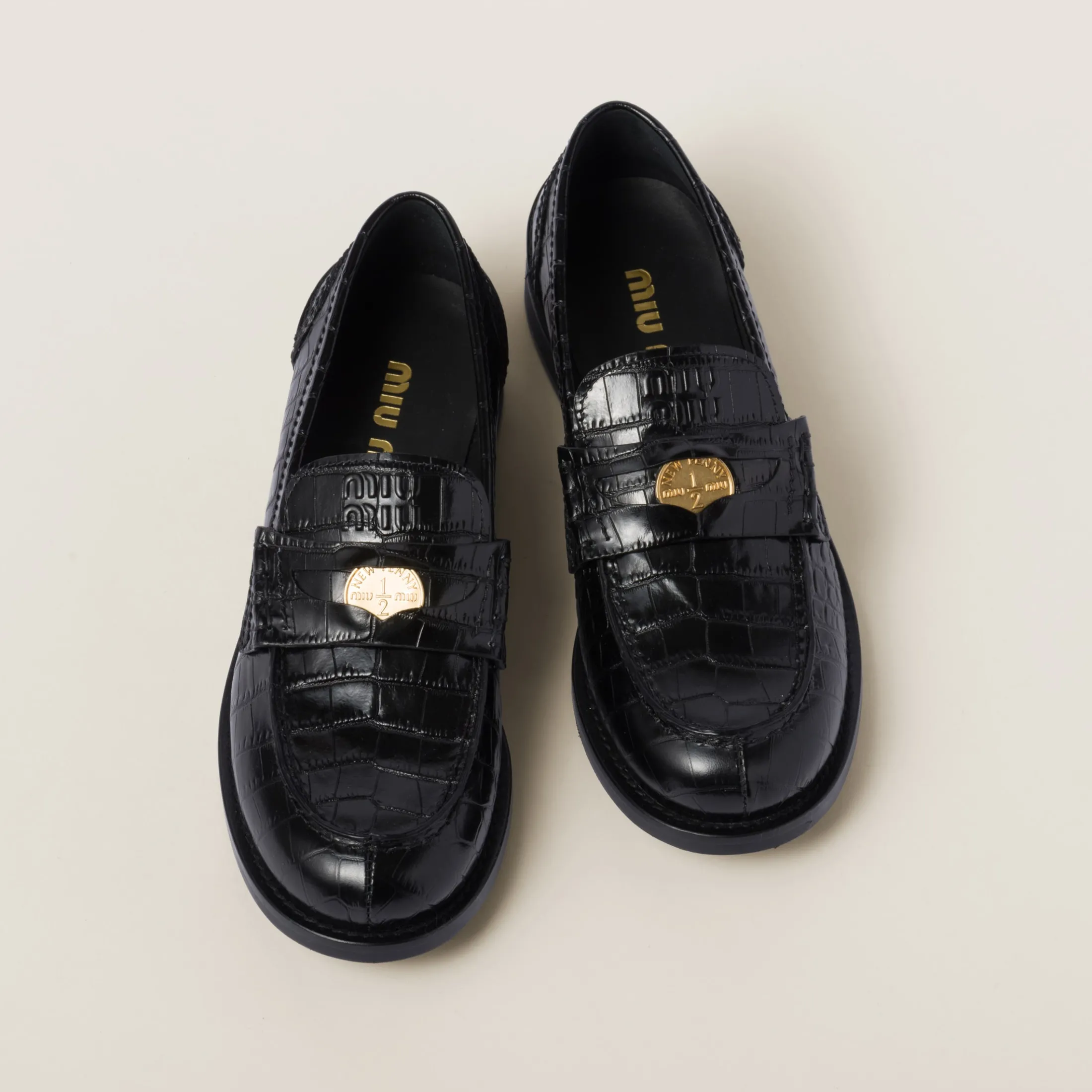 Black Croco-print Leather Penny Loafers | Miu Miu
