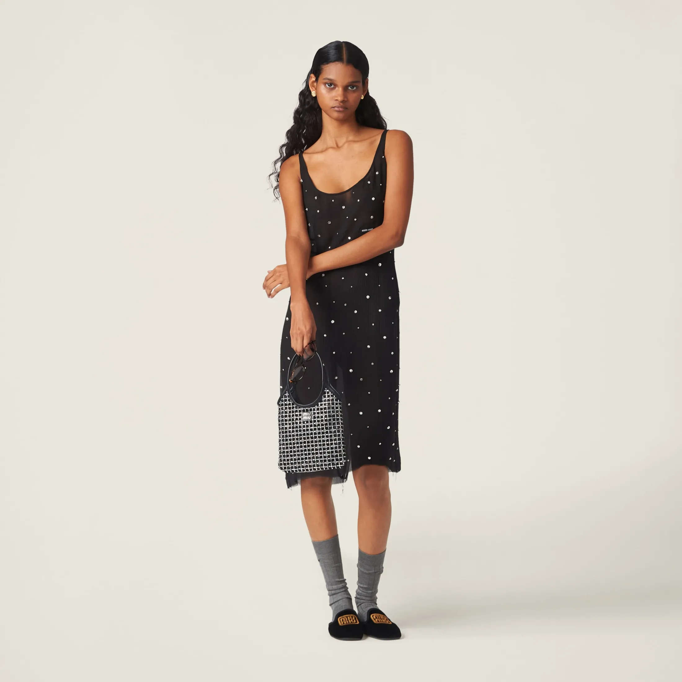 Black Embroidered Chiffon Dress | Miu Miu