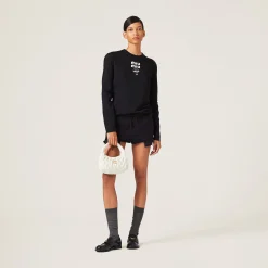 Black Embroidered Cotton T-shirt | Miu Miu