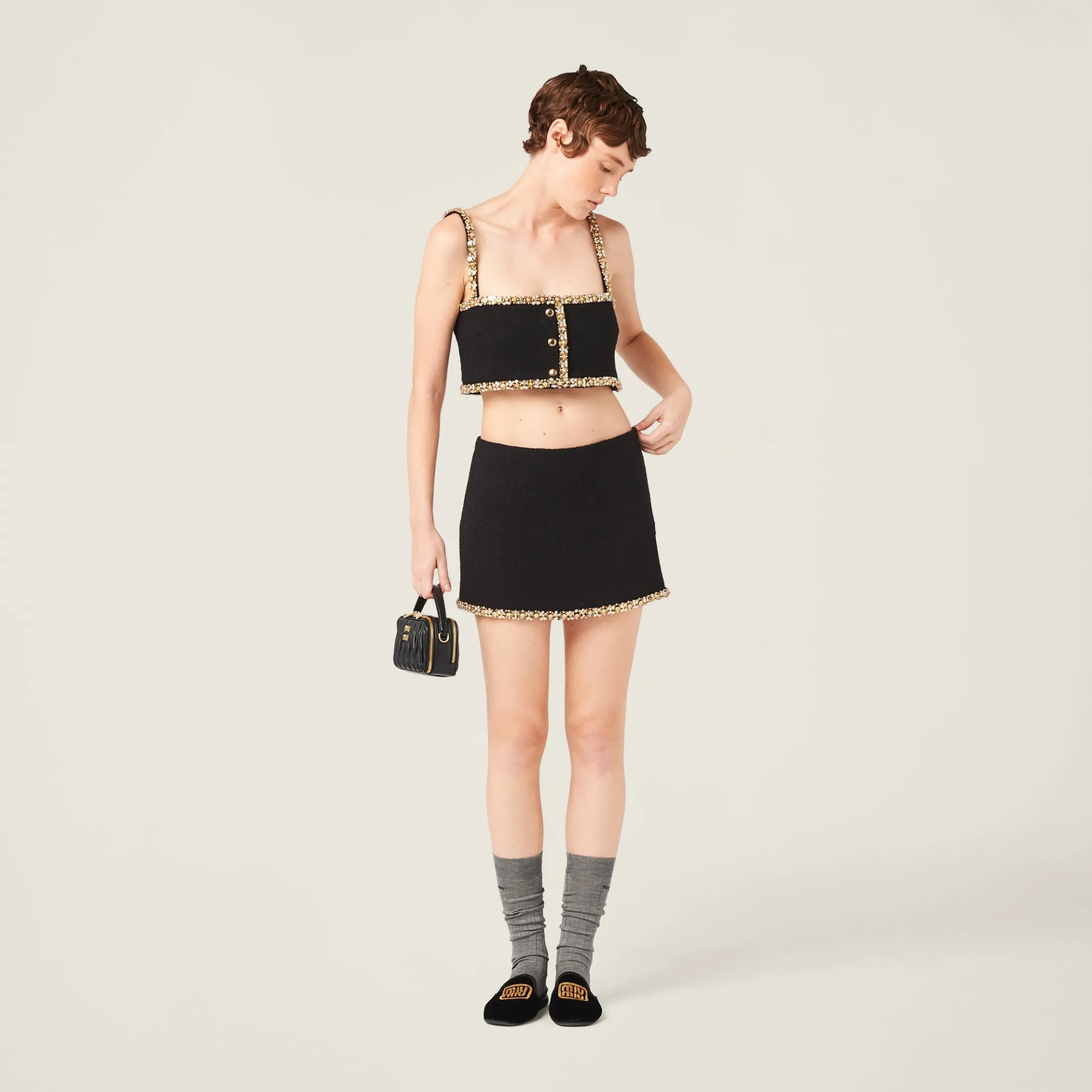 Black Embroidered Tweed Top | Miu Miu