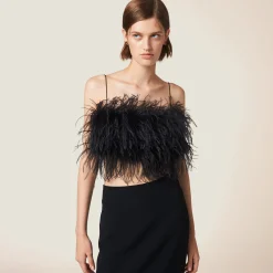 Black Feather-trimmed Grain De Poudre Top | Miu Miu