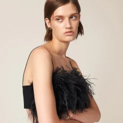 Black Feather-trimmed Grain De Poudre Top | Miu Miu