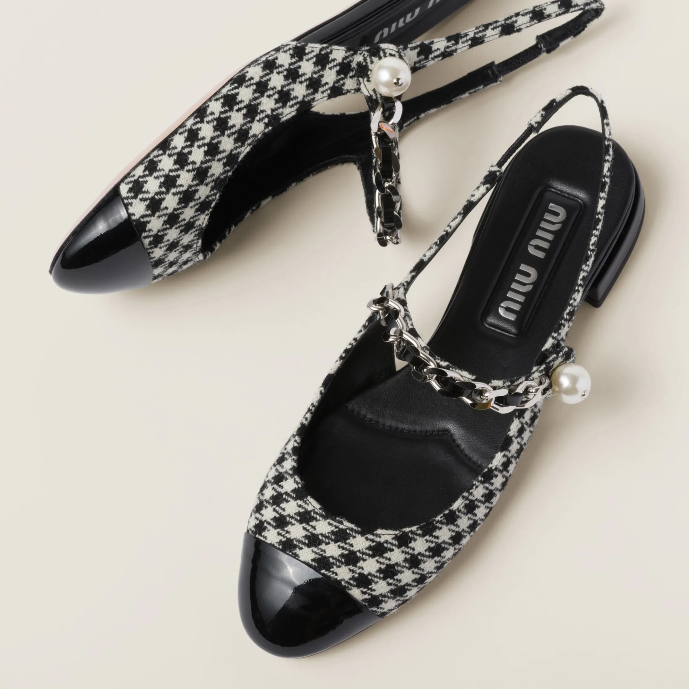 Black Gingham Check And Patent Leather Slingback Ballerinas | Miu Miu