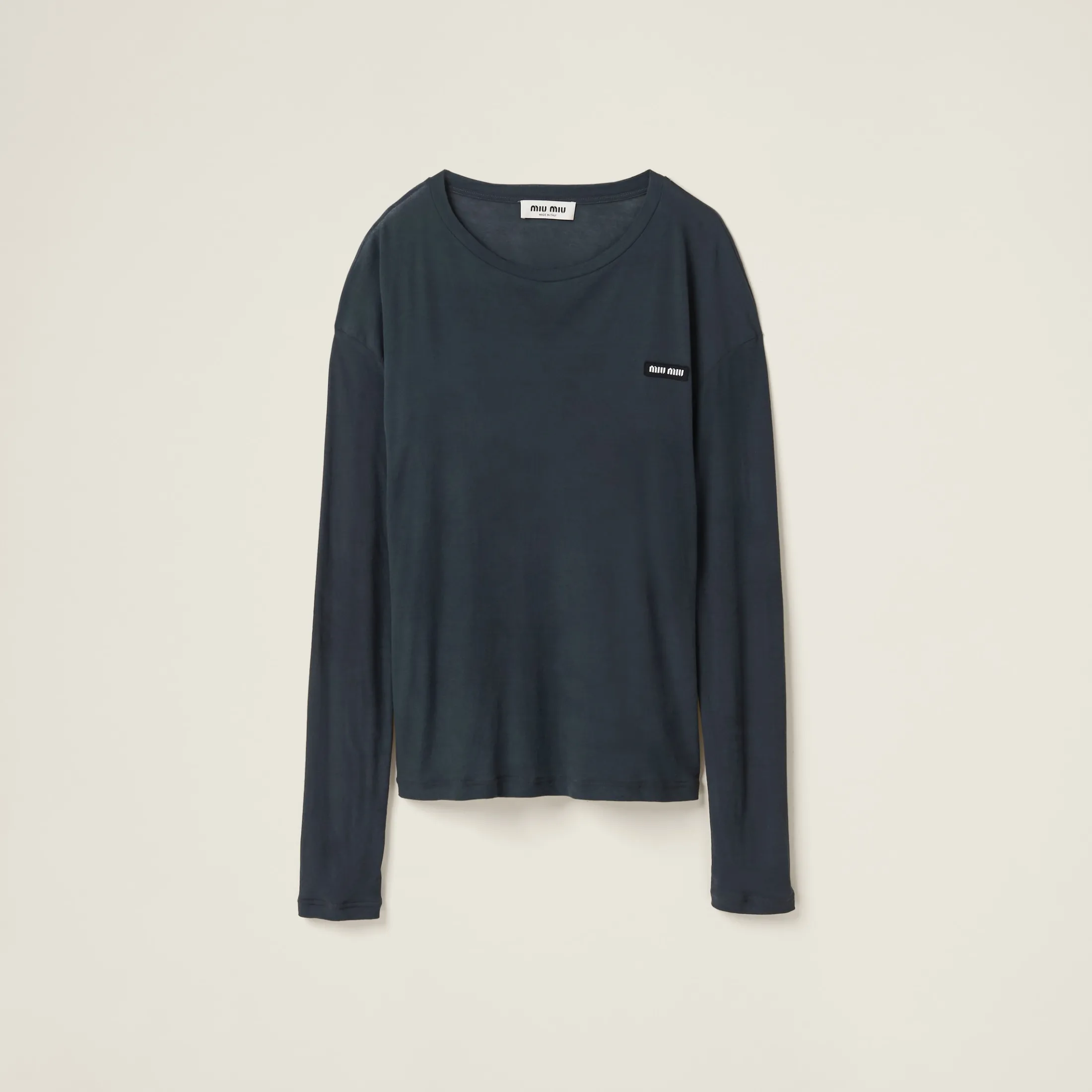 Black Long-sleeved Garment-dyed Ribbed Knit Jersey T-shirt | Miu Miu