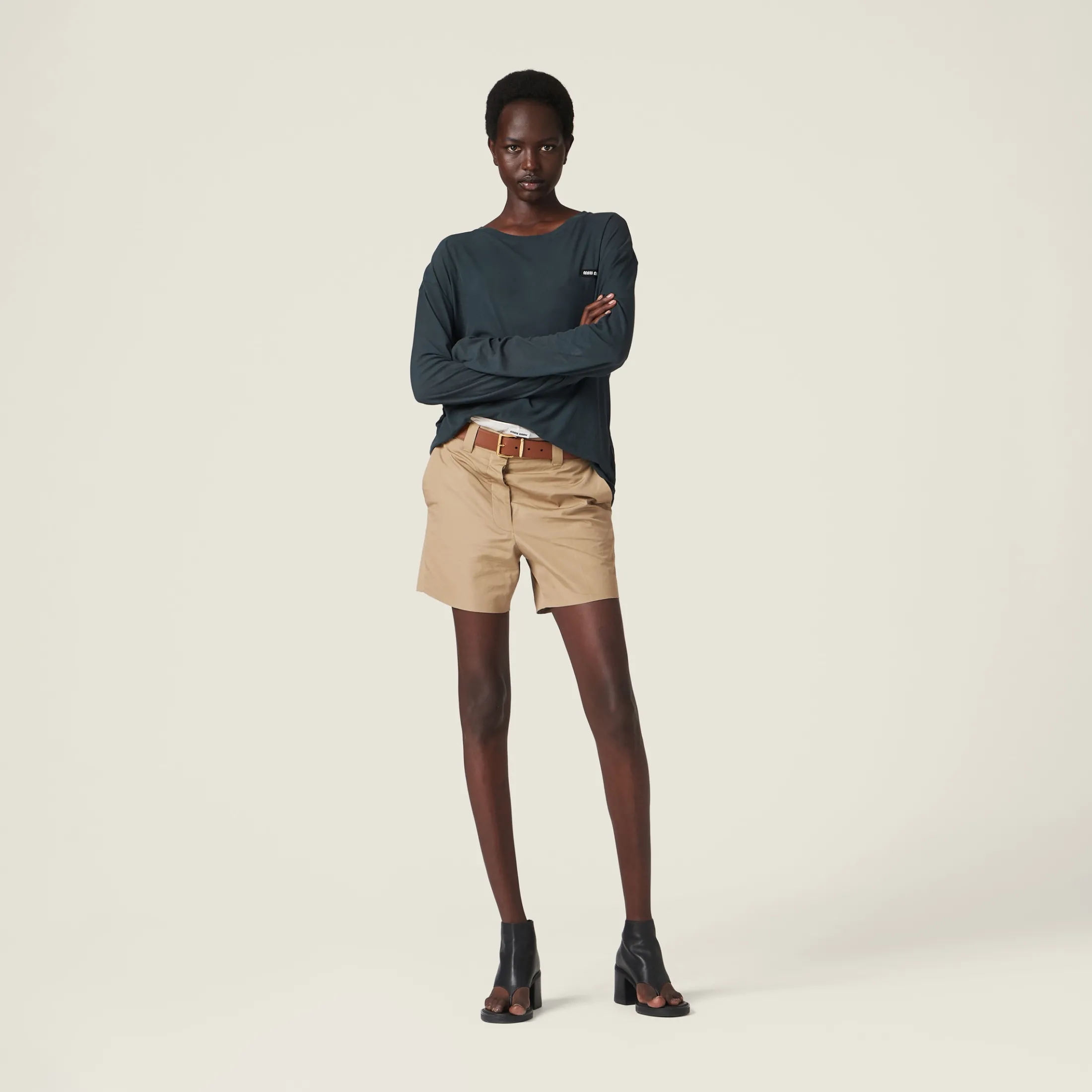 Black Long-sleeved Garment-dyed Ribbed Knit Jersey T-shirt | Miu Miu