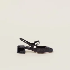 Black Patent Leather And Raffia Slingback Pumps | Miu Miu
