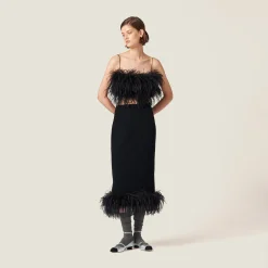 Black Stretch Cady Skirt With Feathers | Miu Miu
