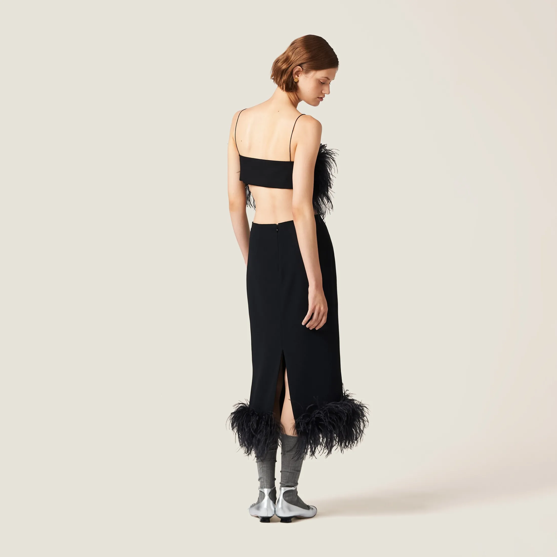 Black Stretch Cady Skirt With Feathers | Miu Miu