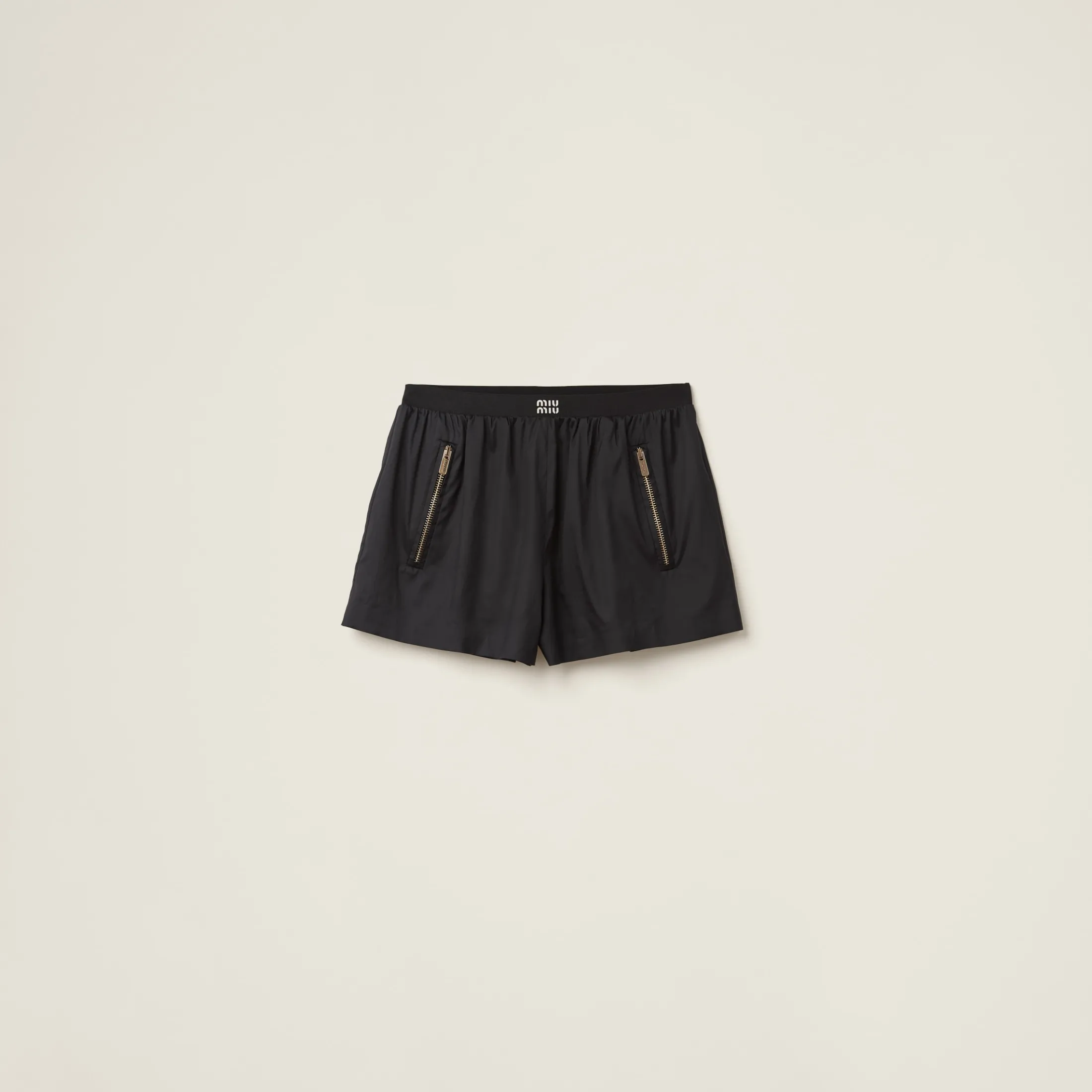 Black Technical Silk Shorts With Printed Logo | Miu Miu