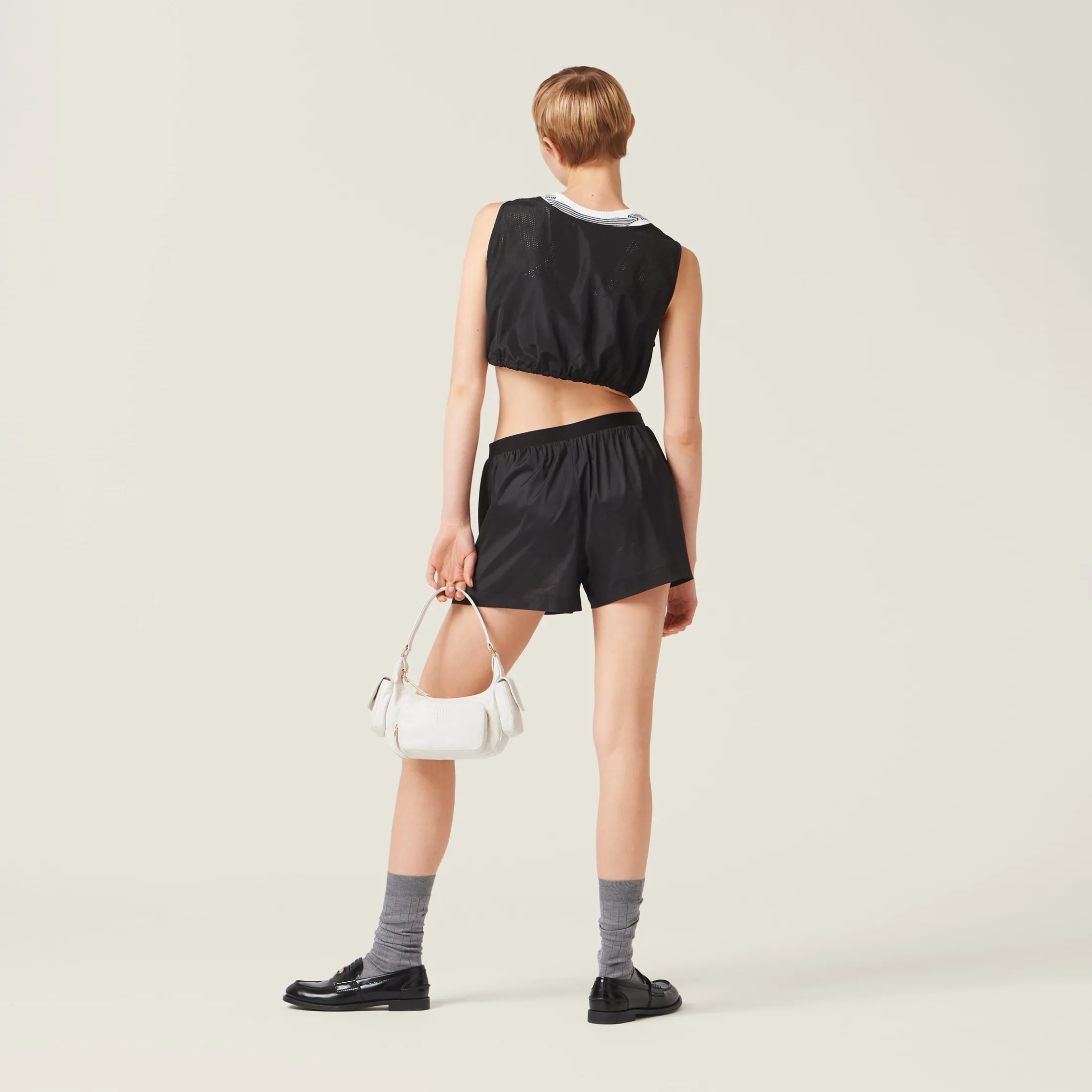 Black Technical Silk Shorts With Printed Logo | Miu Miu