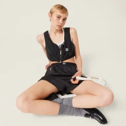 Black Technical Silk Shorts With Printed Logo | Miu Miu