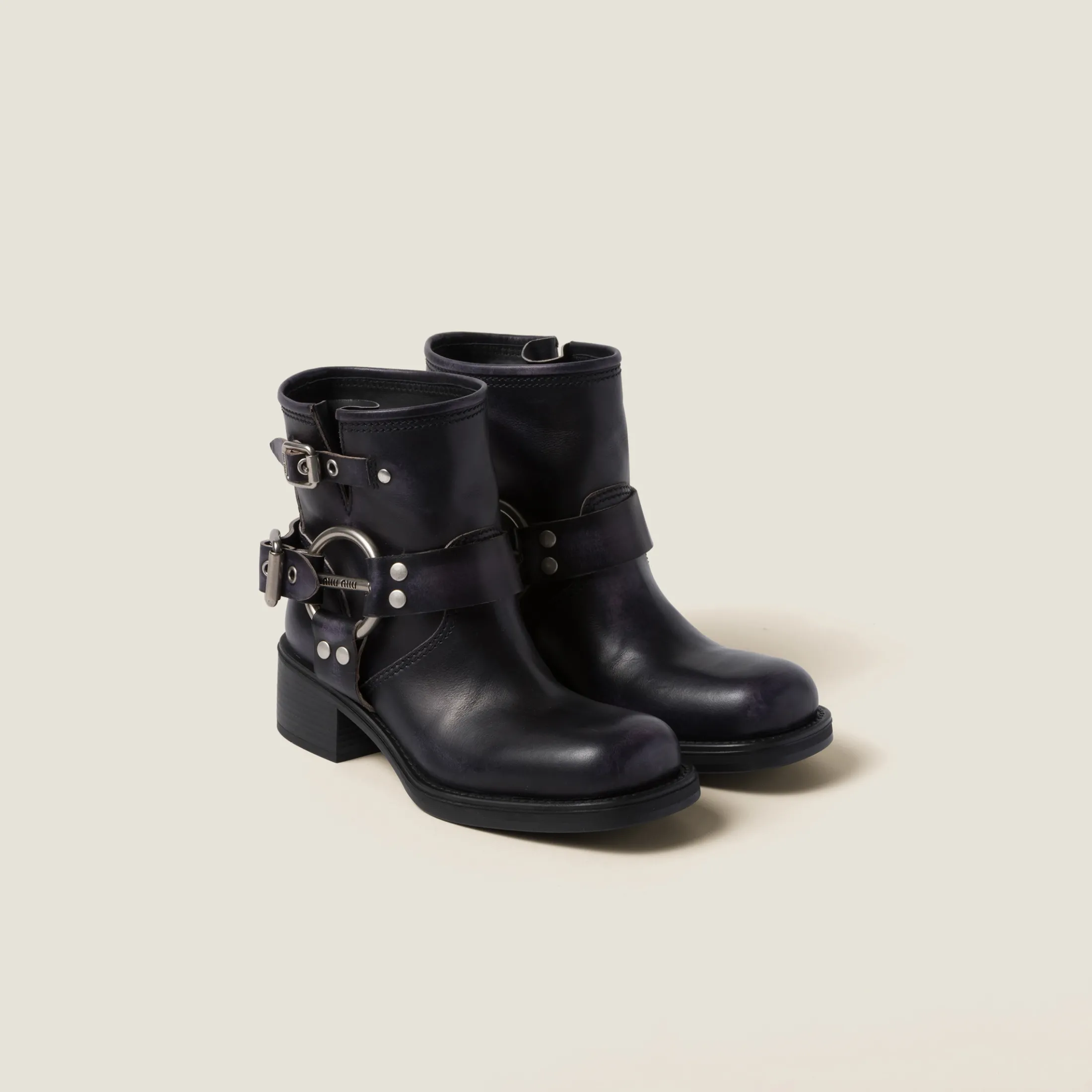 Black Vintage-look Leather Booties | Miu Miu
