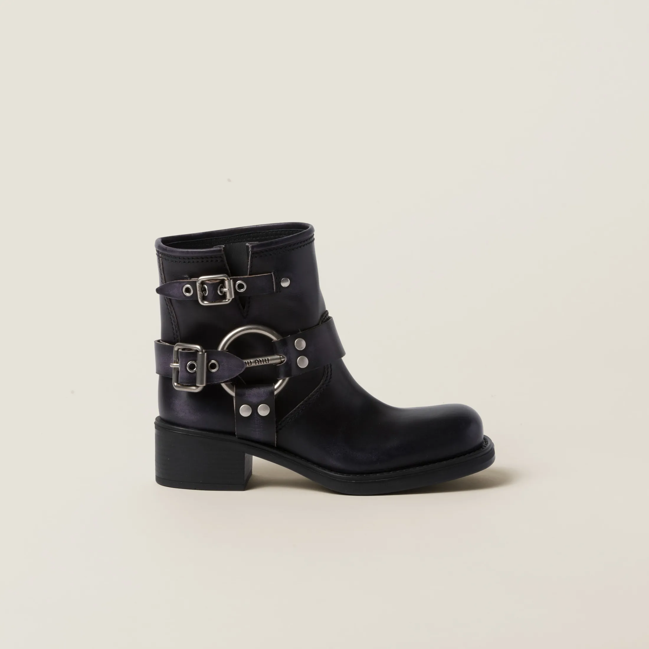 Black Vintage-look Leather Booties | Miu Miu