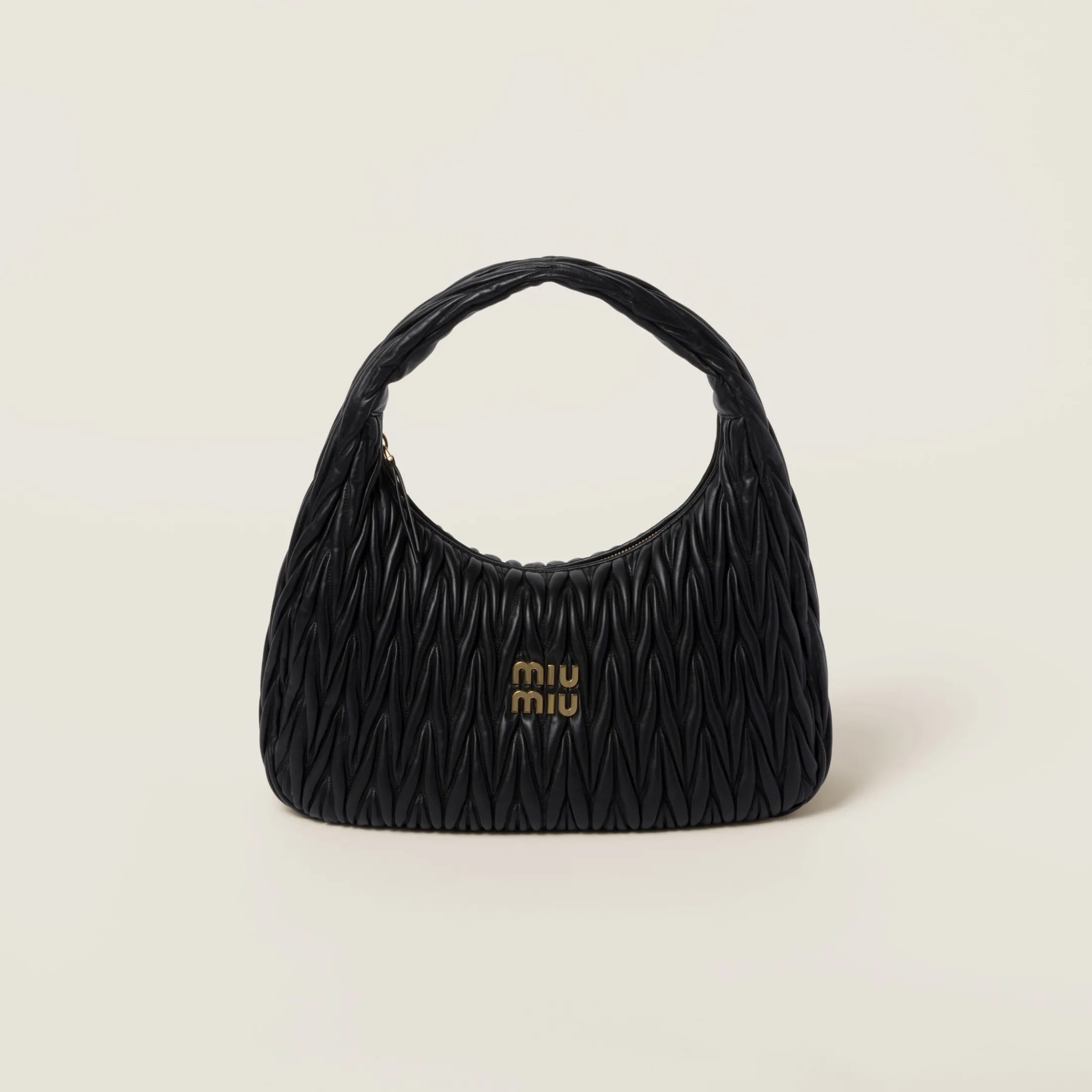 Black Wander Matelassé Nappa Leather Hobo Bag | Miu Miu