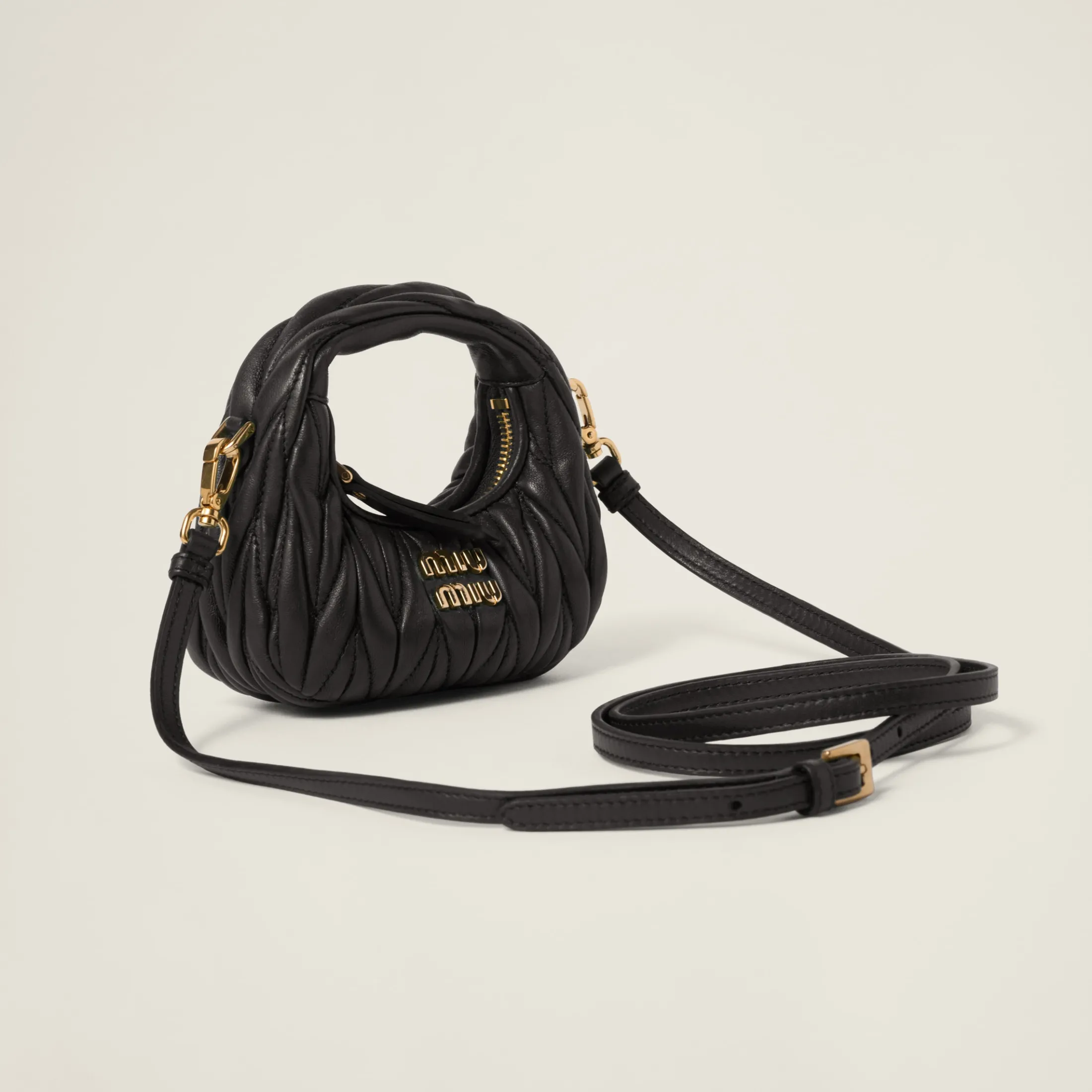 Black Wander Matelassé Nappa Leather Micro Hobo Bag | Miu Miu